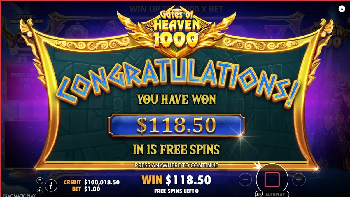 Isang larawan ng Gates of Heaven 1000 slot game na nagpapakita kay Zeus sa isang palasyo sa ulap na may mga makikinang na simbolo.