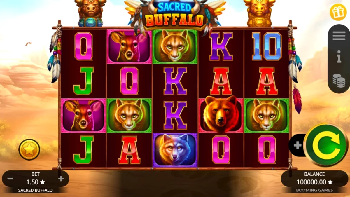 Isang visual na representasyon ng Sacred Buffalo slot na nagpapakita ng mga totem at wildlife symbols sa isang disyerto.
